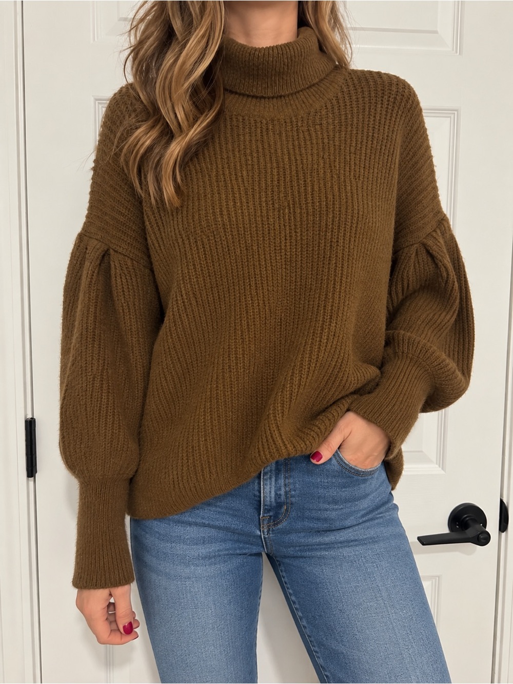 Forever 21 Olive Brown Turtleneck Balloon Sleeve Sweater